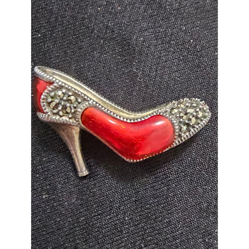 Judith Jack 925 Sterling Silver & Marcasite Red Enamel High Heel Shoe Pin Brooch